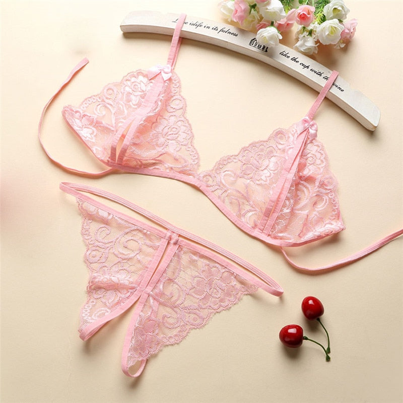 Lencería Sexy para mujer, Push Up con correas de encaje, sujetador transparente, bragas bordadas, conjuntos de lencería cómoda, sujetadores