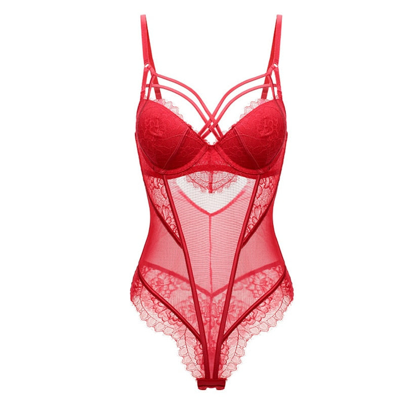 Bodysuit Frauen Push Up Rot Strappy Cup Wimpern Spitze Blumenmuster Gepolsterte Bügel Dessous Frauen Shapewear Hohe Qualität