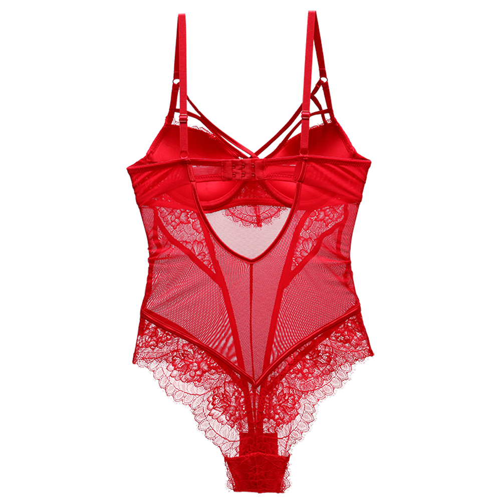 Bodysuit Frauen Push Up Rot Strappy Cup Wimpern Spitze Blumenmuster Gepolsterte Bügel Dessous Frauen Shapewear Hohe Qualität