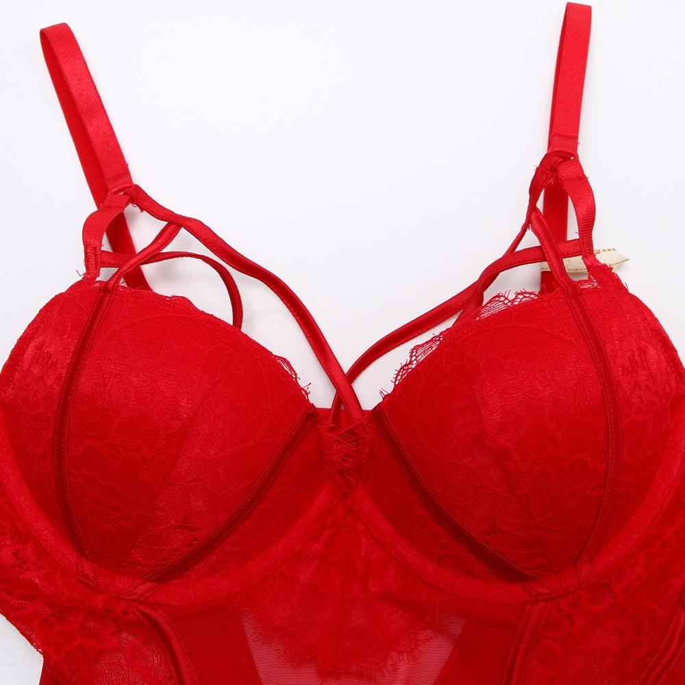 Bodysuit Frauen Push Up Rot Strappy Cup Wimpern Spitze Blumenmuster Gepolsterte Bügel Dessous Frauen Shapewear Hohe Qualität